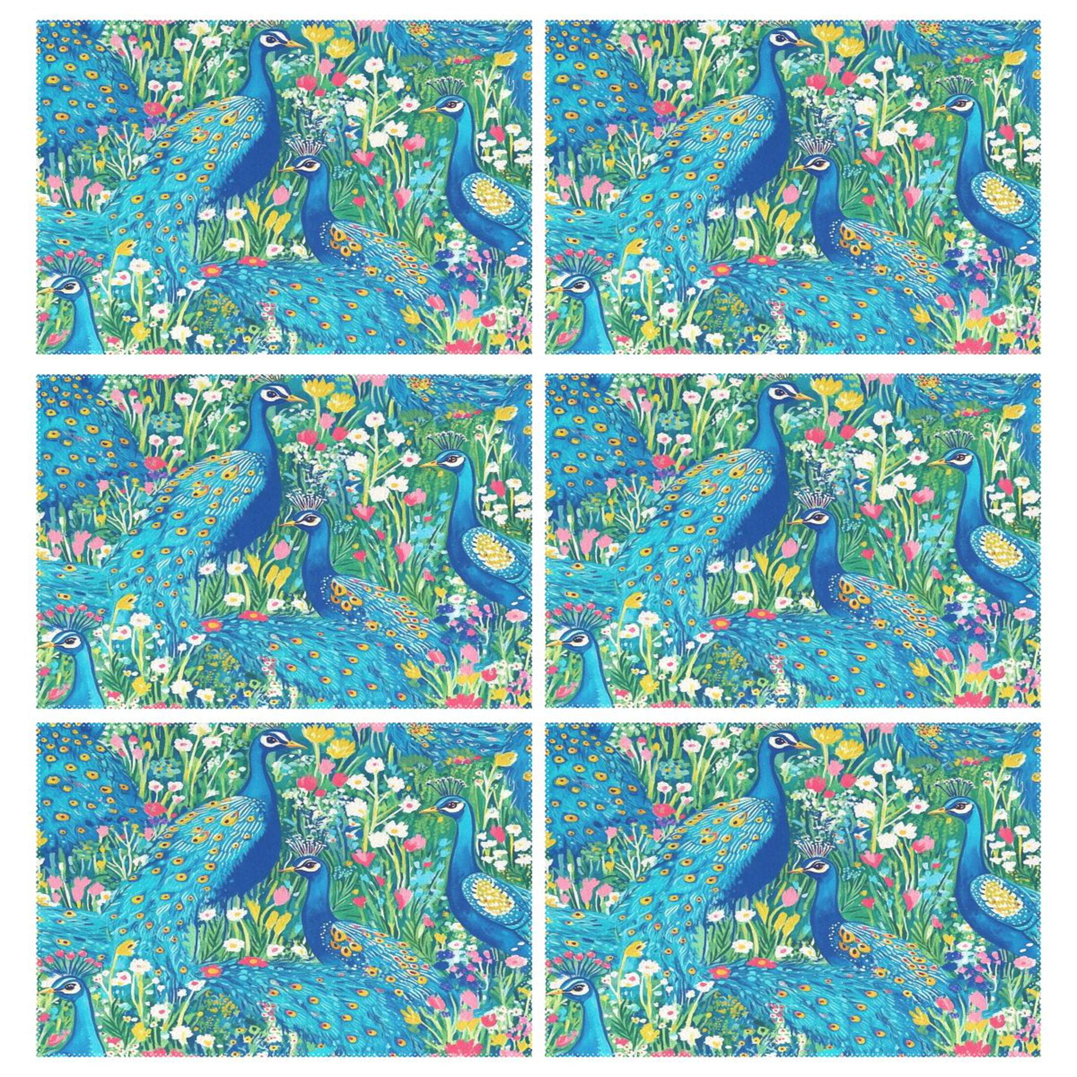 Regal Peacocks 6-Piece 12x18in Durable Place Mats, Heat-Proof and Non-Slip