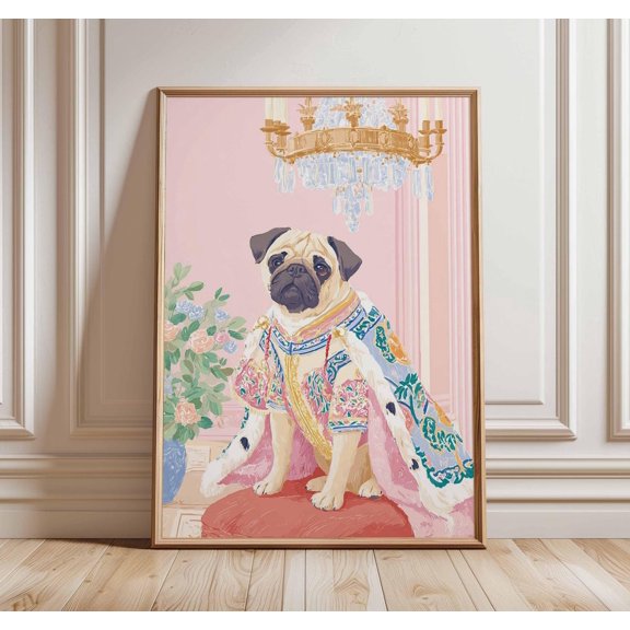 Regal Pug Dog Royal Costume Quirky Pet Portrait Animal Lovers Home Decor, Unframed Paper Poster 8x10in