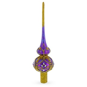 Regal Purple & Gold Jeweled Finial Glass Christmas Tree Topper 11 Inches