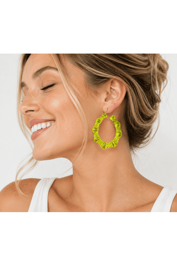 Lime Light Bamboo Hoop Earrings for Women  Bold Neon Green Statement Hoops, Lightweight Fashion Jewelry