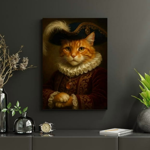 Regal Renaissance Cat Portrait Historic Pet Art Orange Tabby In Period Costume Instant Wall Art , Poster Only