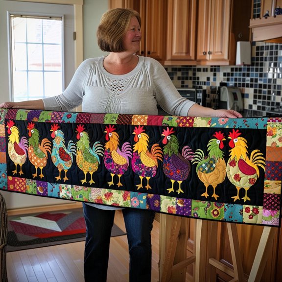 Regal Roosters Quilted Table Runner for Dining Table, Seasonal Farmhouse Kitchen Decor