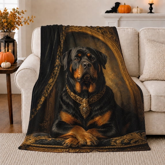 Regal Rottweiler Portrait Dog, Cozy Pet Portrait Pattern, Warm Flannel Blanket for Living Room and Bedroom with Detailed Artwork, Dog Lovers Just Because Gift, Pet Lover Home Decor