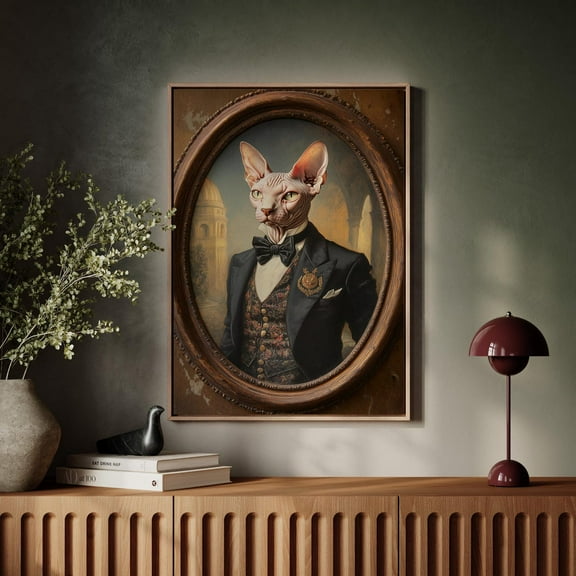 Regal Sphynx Cat Portrait - Elegant Victorian-Style Wall Art In Ornate Frame - Sophisticated Feline Decor For Cat Lovers Wall Art, Modern Wall Decor, 16x24 UNFRAMED
