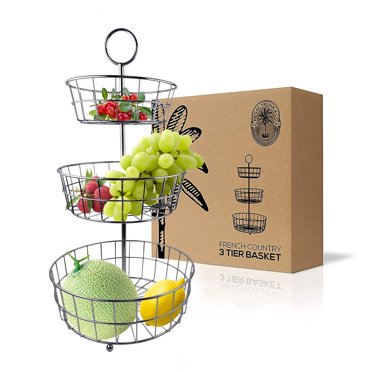 SunnyPoint 2-Tier Rectangle Wire Basket - Countertop Fruit & Bread Storage With Wood Base, Black