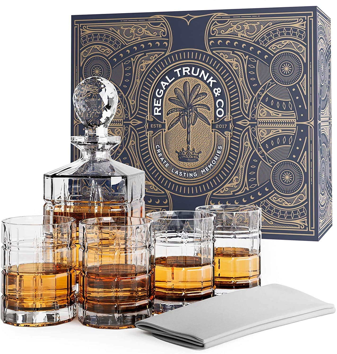 Regal Trunk Crystal Whiskey Decanter Set with Square Engraved Tumblers