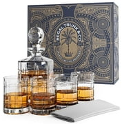 Regal Trunk & Co Whiskey Decanter Set, 4 Engraved Tumblers, Crystal, Gift Box, Polishing Cloth
