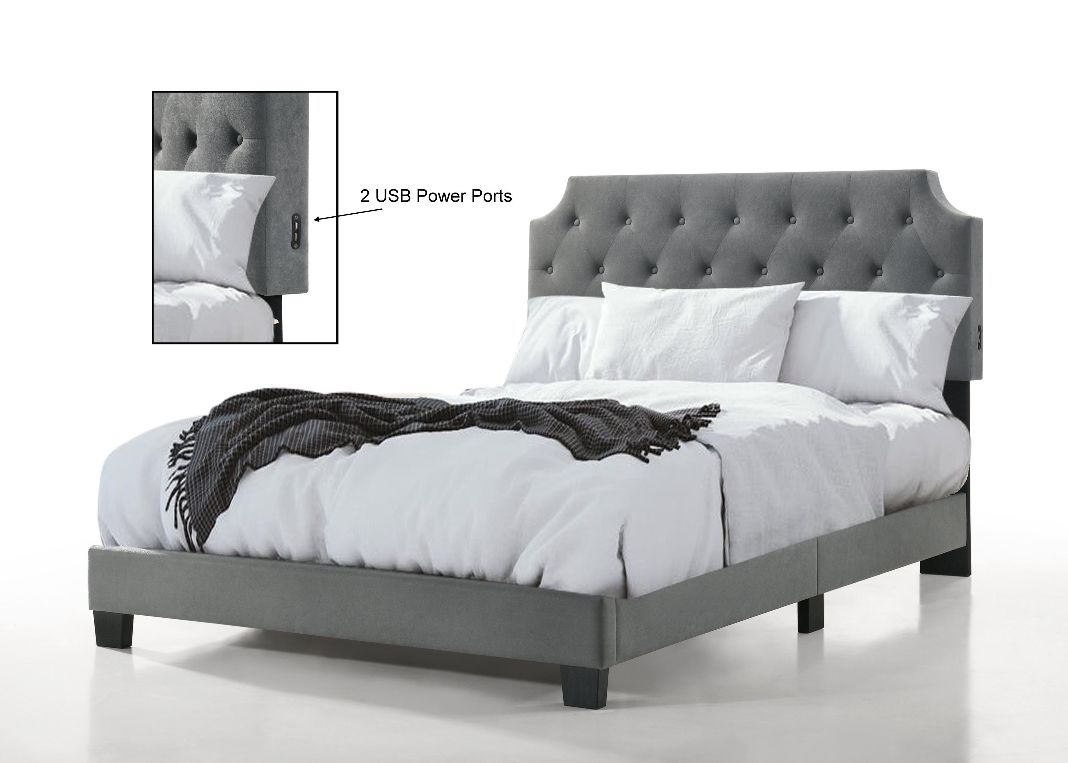 Regal Tufted Bed with USB Power Connection