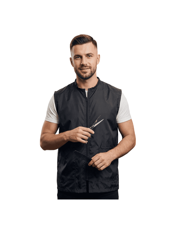Mens Sleeveless Barber Smock Vest Large, Professional Hair Repellent Salon Workwear Jacket with Zipper & Tool Pockets, Black