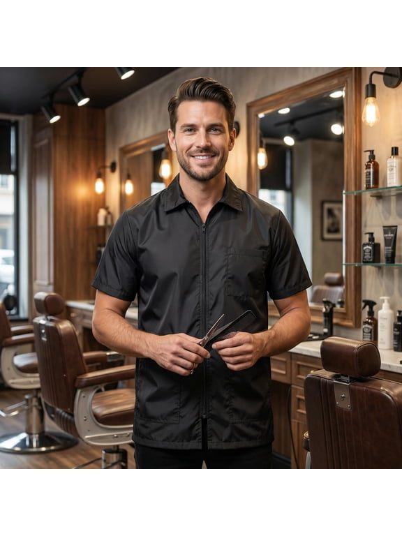 Regale Mens Professional Barber Smock Jacket Large, Short Sleeve Hair-Repellent Water-Resistant Salon Workwear with Zipper & Pockets
