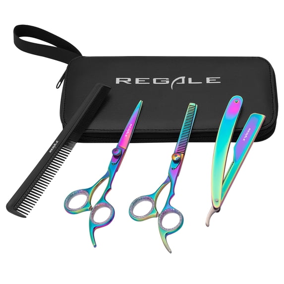 Regale Barber Supply Professional Rainbow Titanium Hair Cutting Shear Set | 5-Piece Barber Kit