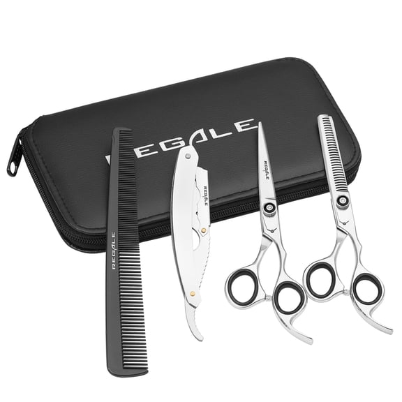 Regale Professional Hair Cutting Shears Set, 5-Piece Japanese Steel Barber Kit, Stainless Steel Scissors, Thinning Shears, Straight Razor, Hair Cutting Kit with Case for Barbers, Salon Grade Barber S