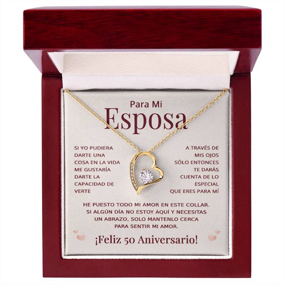 Regalo 50 Aniversario para Esposa - Collar Amor Eterno - Bodas de Oro - To My Wife Necklace in Spanish Title: 18k Yellow Gold Finish, Box Choice: Luxury Box