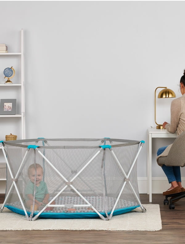White and Teal Portable Play Yard with Mesh Sides