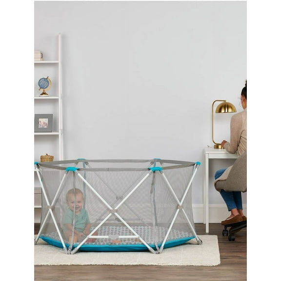 Regalo My Portable Play Yard Indoor and Outdoor, Washable, White/Gray/Teal, 6-Panel, For Ages 6-24 Months