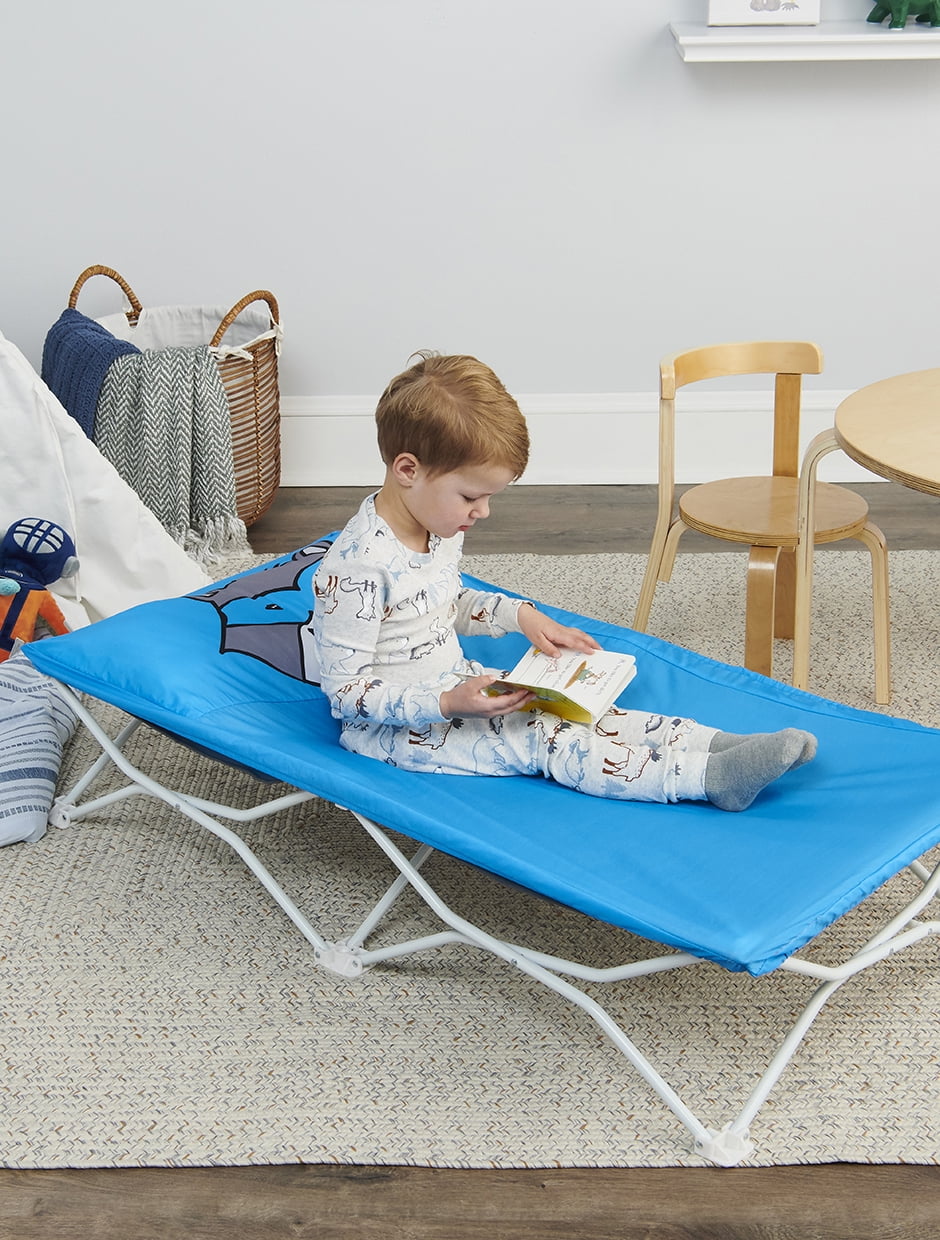 Regalo My Cot Portable Raccoon Toddler Bed with Blue Sheet Set