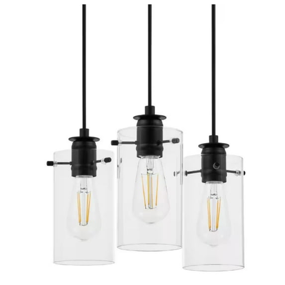 Hampton Bay Regan 3-Light Matte Black Pendant Hanging Light with Clear Glass Shades, Industrial Kitchen Pendant Lighting