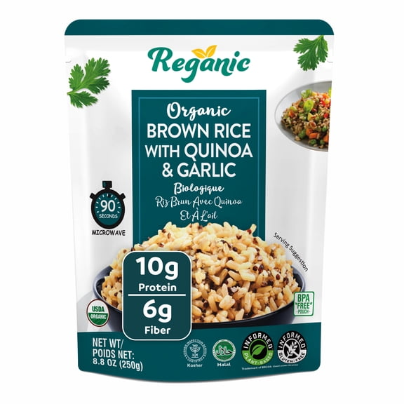Reganic Organic Brown Rice with Quinoa & Garlic Rice, 8.8 oz (pack of 6), Shelf-Stable