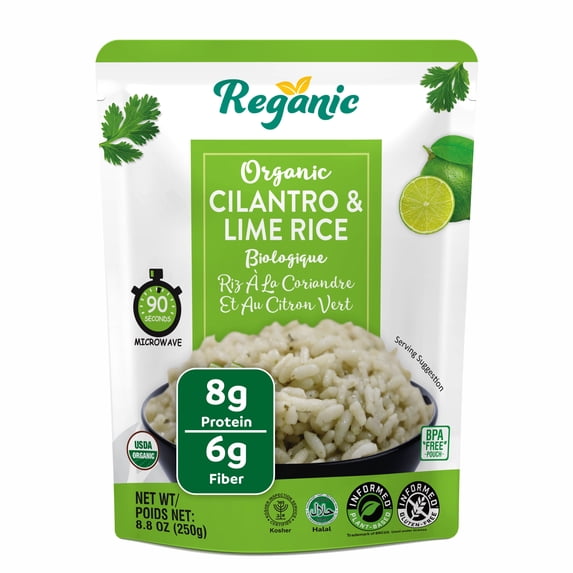Reganic Cilantro & Lime Organic Heat & Eat Microwaveable Rice, 8.8 Ounce (Pack of 6) Heat and Eat | Flavor Rice | USDA Certified Organic, GMO-Free | Fresh Ingrediants | Side Dish