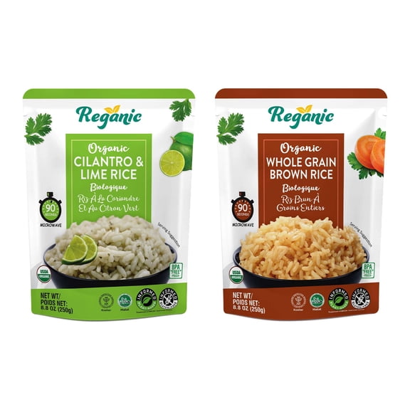Reganic Organic Rice Variety Pack Whole Grain Brown Rice & Cilantro Lime Rice (6 Each) | High Protein & Fiber, Ready in 1.5 Minutes | USDA Organic, Vegan, Gluten-Free, Non-GMO | 8.8 oz (Pack of 12)