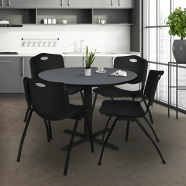 Regency Cain Small 30 in. Round X-Base Breakroom Table- Grey & 4 M Stack Chairs- Black