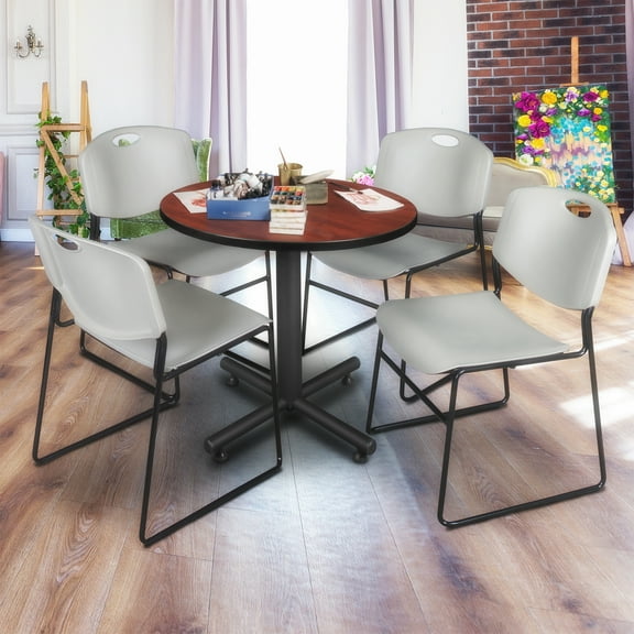 Regency Kobe 30 in. Round X-Base Breakroom Table- Cherry, 4 Zeng Stack Chairs- Grey