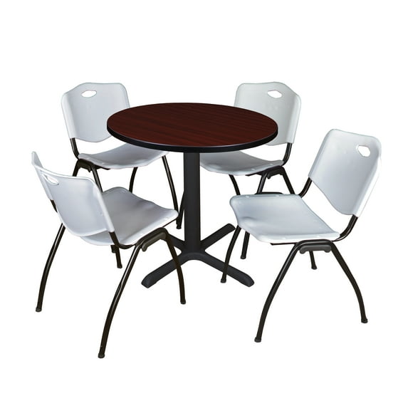 Regency Cain Small 30 in. Round X-Base Breakroom Table- Mahogany & 4 M Stack Chairs- Grey