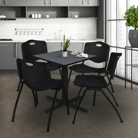 Regency Cain Small 30 in. Square X-Base Breakroom Table- Grey & 4 M Stack Chairs- Black