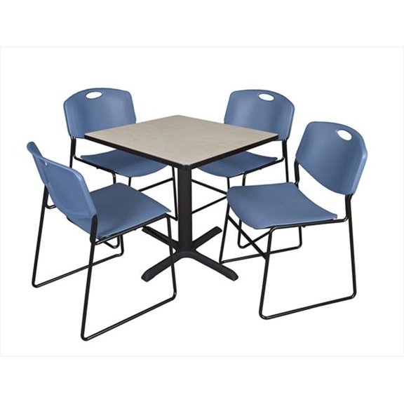Regency 30 In. Square Laminate Table - Maple & Cain Base With 4 Blue Zeng Stack Chairs