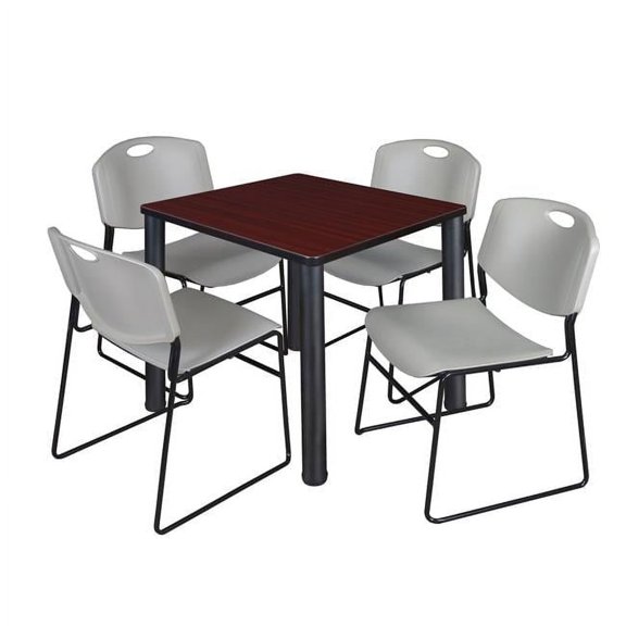 Regency 30 in. Kee Square Breakroom Table & 4 Zeng Stack Chairs, Mahogany, Black & Grey