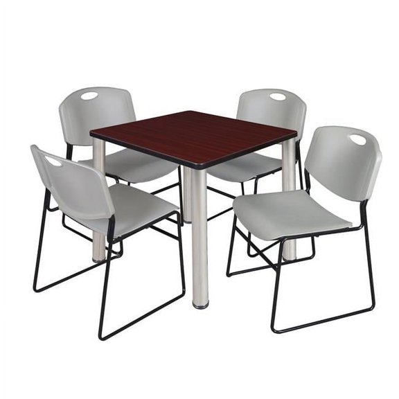 Regency 30 in. Kee Square Breakroom Table, Mahogany & Chrome & 4 in. Zeng Stack Chairs - Grey