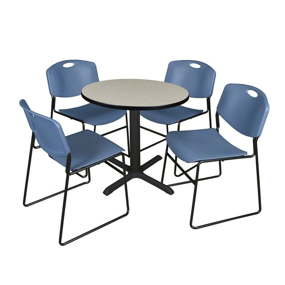 Regency Cain Small 30 in. Round X-Base Breakroom Table- Maple & 4 Zeng Stack Chairs- Blue