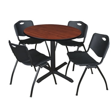 Regency Cain 36 in. Round X-Base Breakroom Table- Cherry & 4 M Stack Chairs- Black