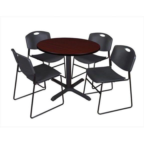Regency 36 In. Round Laminate Table- Mahogany & Cain Base With 4 Black Zeng Stack Chairs