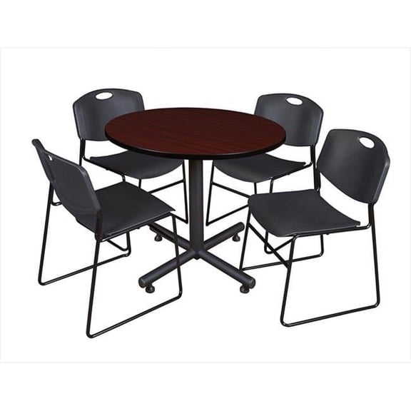 Regency 36 In. Round Laminate Table- Mahogany & Kobe Base With 4 Zeng Stacker Chairs- Black