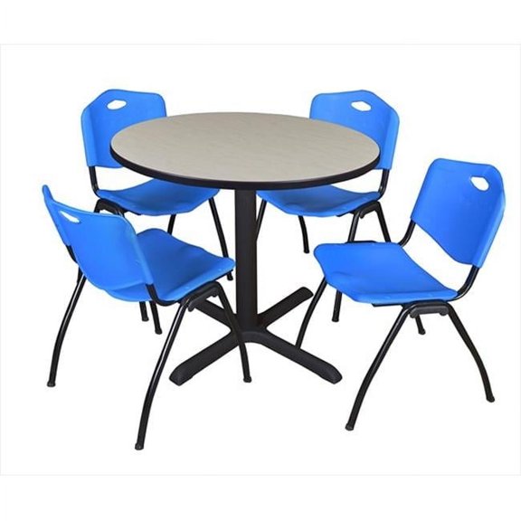 Regency 36 In. Round Laminate Table- Maple & Cain Base With 4 Blue M Stack Chairs