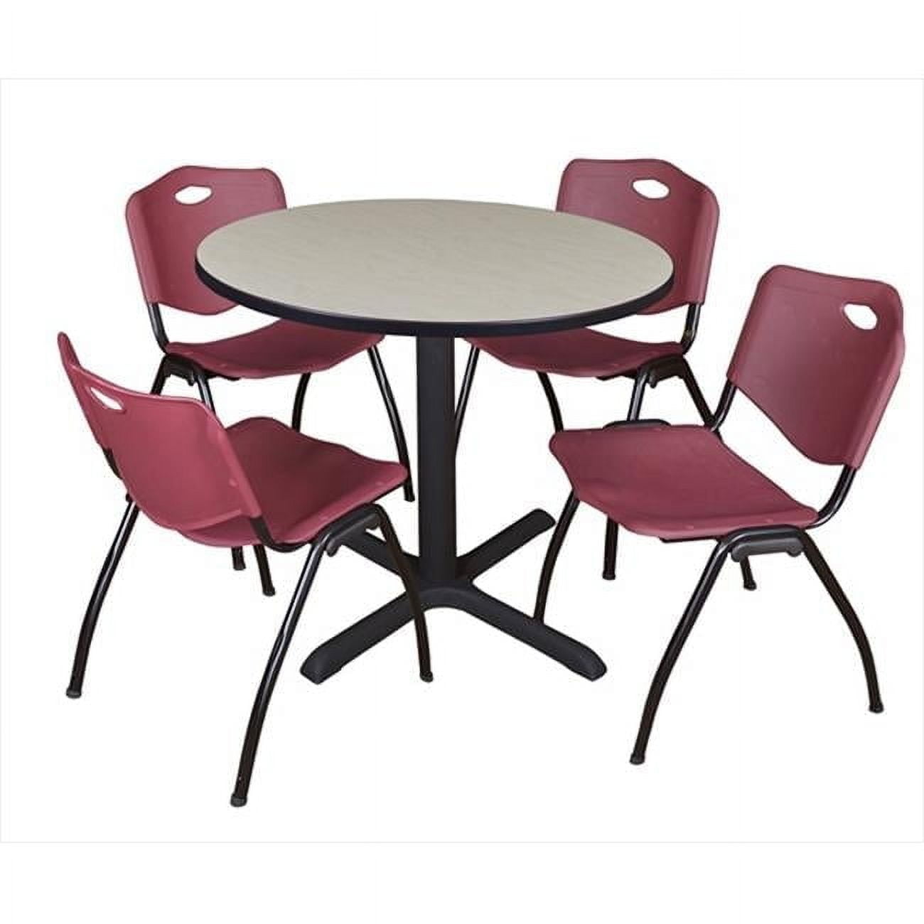 Regency 36 In. Round Laminate Table - Maple & Cain Base With 4 Burgundy ...