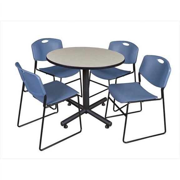 Regency  36 In. Round Laminate Table- Maple & Kobe Base With 4 Zeng Stacker Chairs- Blue