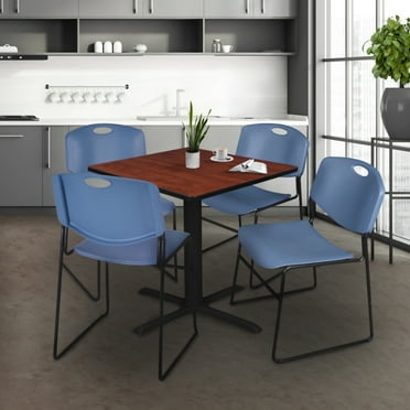 Regency Cain 36 in. Square X-Base Breakroom Table- Cherry & 4 Zeng Stack Chairs- Blue