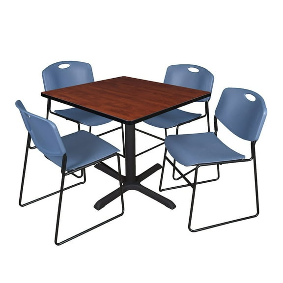 Regency 36 in. Square X-Base Breakroom Table- Cherry & 4 Zeng Stack Chairs- Blue