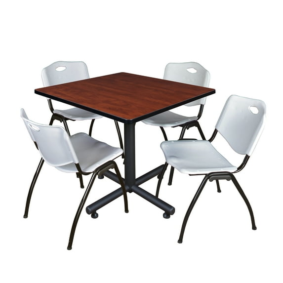 Kobe 36in. Square Breakroom Table- Cherry & 4 'M' Stack Chairs- Grey