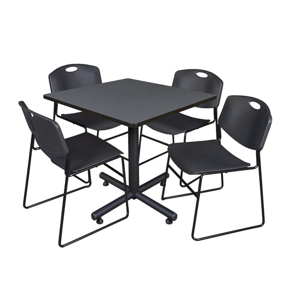 Regency 36 in. Square X-Base Breakroom Table- Grey, 4 Zeng Stack Chairs- Black