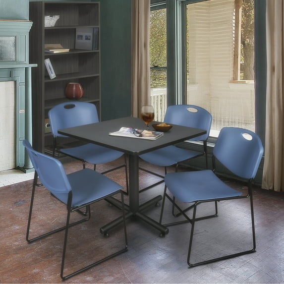 Regency 36 in. Square X-Base Breakroom Table- Grey, 4 Zeng Stack Chairs- Blue