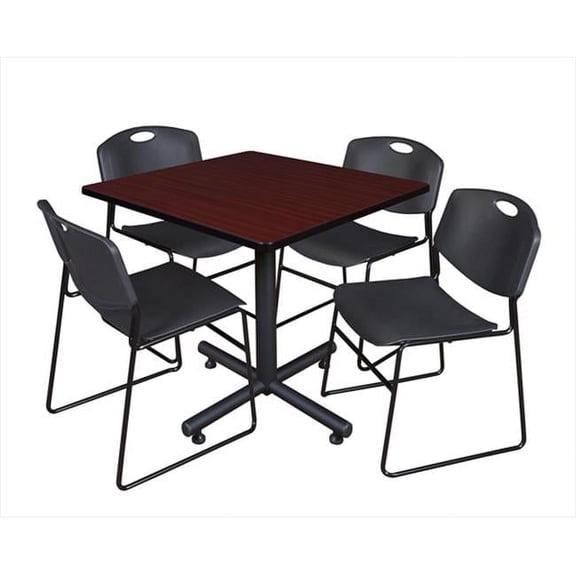 Regency 36 In. Square Laminate Table- Mahogany & Kobe Base With 4 Zeng Stacker Chairs- Black