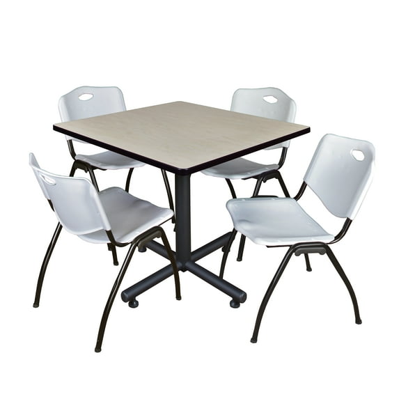 Kobe 36in. Square Breakroom Table- Maple & 4 'M' Stack Chairs- Grey