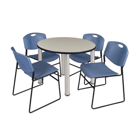 Regency 36 in. Kee Round Breakroom Table with Maple & Chrome & Blue 4 Zeng Stack Chairs