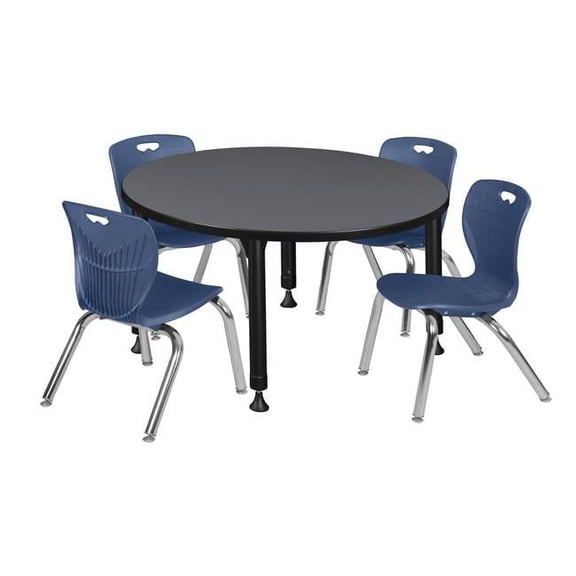 Regency 36 in. Kee Round Height Adjustable Classroom Table, Grey & 4 Andy 12 in. Stack Chairs - Navy Blue