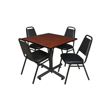 Regency Kobe 36 in. Square X-Base Breakroom Table- Cherry, 4 Restaurant Stack Chairs- Black