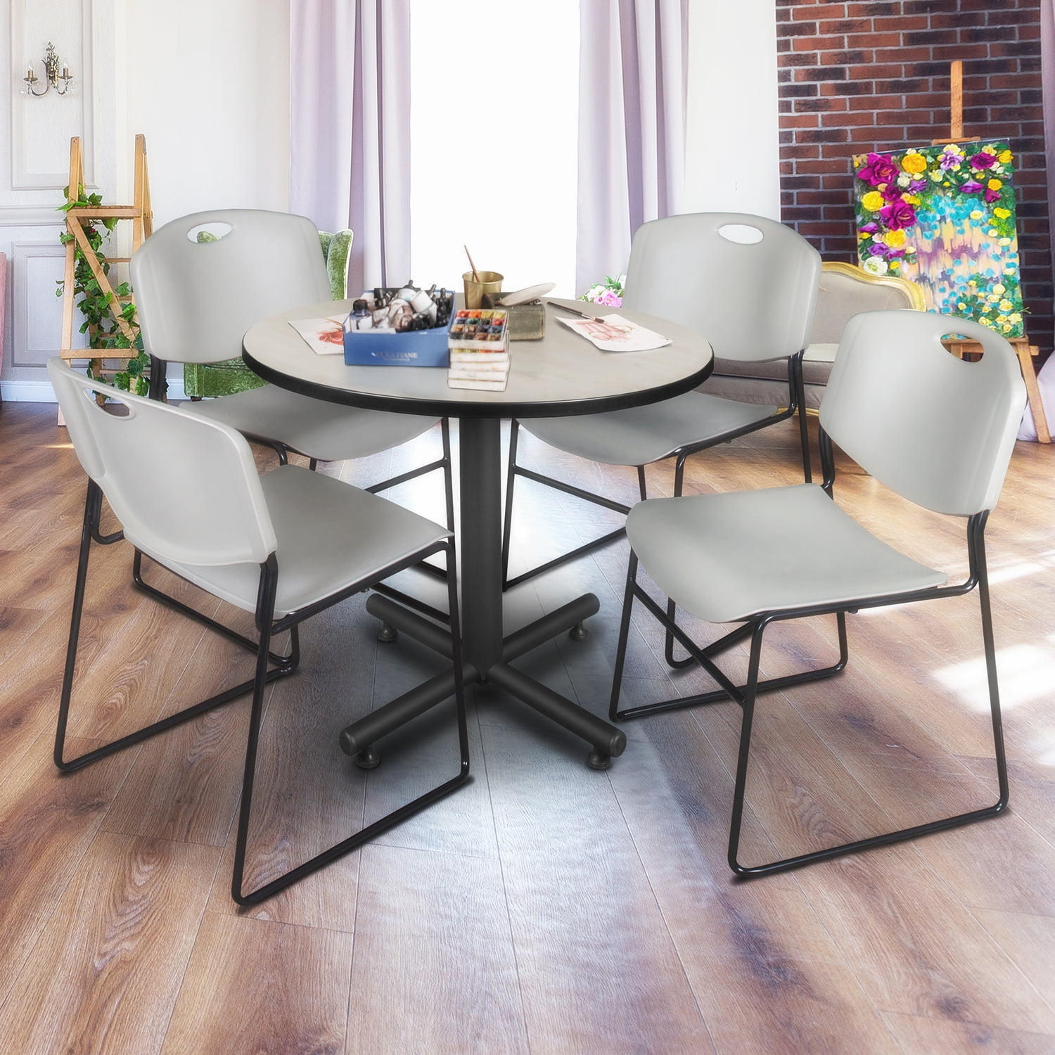 Maple 42" Round Breakroom Table & 4 Grey Metal Stack Chairs Set