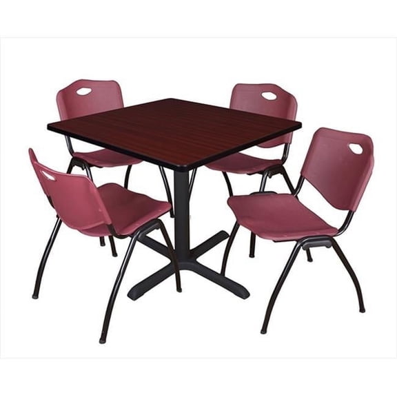 Regency 42 In. Square Laminate Table - Mahogany & Cain Base With 4 Burgundy M Stack Chairs